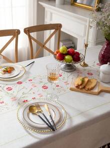 1pc Pink Floral With Green Leaf Embroidered Tablecloth, French Luxury Minimalist Style, Home Kitchen Decor, Suitable For Holiday Gatherings, Birthday Parties, Dining Table Decor, Home Decoration, All Seasons