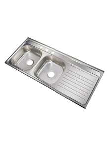 Panel de fregadero de acero inoxidable con doble tina. El escurridor del lado derecho facilita el drenaje de utensilios. Tiene tres agujeros para griferías y accesorios, y se instala rápidamente sin complicaciones. - Unitalla - Ver 5