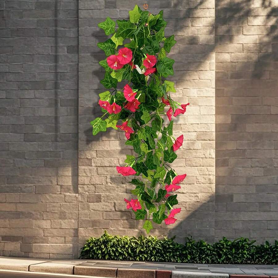 Tallo de gloria de la mañana, flor simulada, ramo colgante de flores, decoración de sala de estar, flores suspendidas, cesta colgante de interior, planta verde, planta de paisaje, decoración colgante de pared, estilo natural, decoración del hogar, arreglo floral - Rosa Fucsia - Ver 1