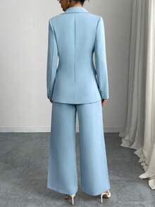 實心插領襯衫領西裝外套和寬腳褲，優雅套裝 - 薄荷藍 - 查看 4