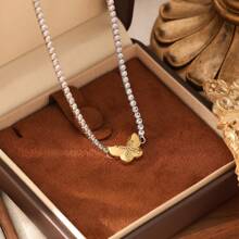 1 pieza Collar de cadena con cristales de acero inoxidable enchapado en oro de 18K para mujeres, de moda y de alta gama, adecuado para fiesta, cita y uso en la oficina