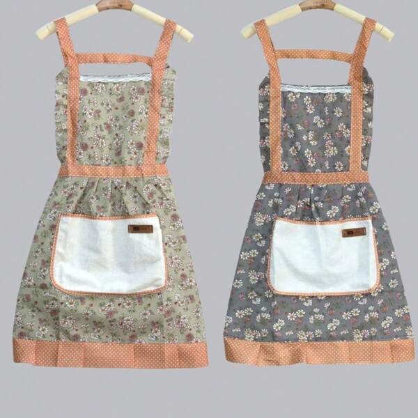 1pc Lovely Sash Canvas Apron, Breathable Flower Apron, Waterproof Drain Oil Breathable Work Dress Waist Apron, Restaurant Waiter Work Dress, House Restaurant Chef Apron Work Dress, Kitchen Household Items