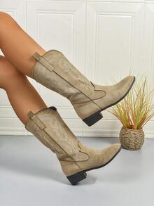 Fall/Winter 2025 Women Embroidered Chunky Heel Riding Boots, Fashion Western Boots For Party,Cowboy Boots - Khaki - View 4