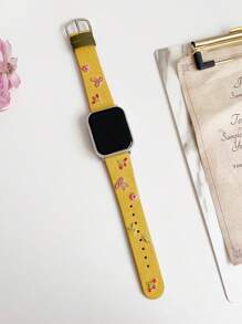 1Pc Women Pink Bow Cherry Flower Embroidered Leather Strap Compatible With Apple Watch Band 38/40/41/42/44/45/49/(S10 42)/(S10 46)Mm, Compatible With Watch Strap S10/Ultra/Se/9/8/7/6/5/4/3/2/1,Stylish And Lovely,INS Style,Watch Band,Smart Watch Band,Mother's Day/Daily/Party Gift