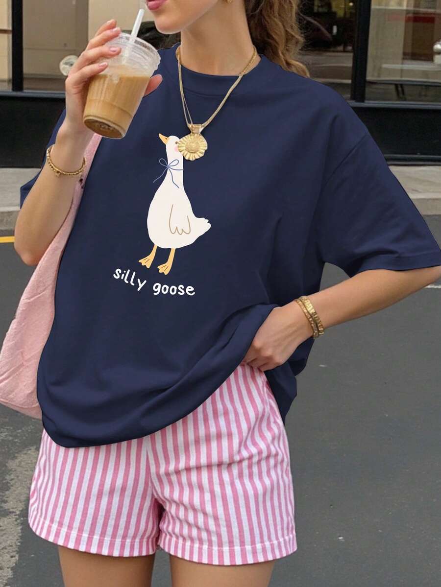 Lustiger Gänsedruck Oversized Sommer Damen Lässig Mode Kurzarm Top, Grafik T-Shirt, weiches Material, Outdoor Outfit, bedrucktes Muster, Sommer T-Shirt, Damen Top, Sommer Bluse, Urlaubsoutfit, Reisestil, Strand Vibe, minimalistischer Resort Stil - Graublau - Übersicht 1
