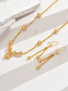 3 件套镀金几何串珠设计项链和耳环套装，适合女士派对、订婚佩戴 - 金色 - 查看 4