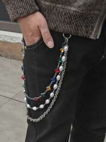 Corrente de Calça com Três Camadas de Pérolas e Strass Colorido, Ícone da Moda Acessório de Cintura Luxuoso, Minimalismo, Joias Hip Hop, Produto com Corrente Multicolorida Enviada Aleatoriamente