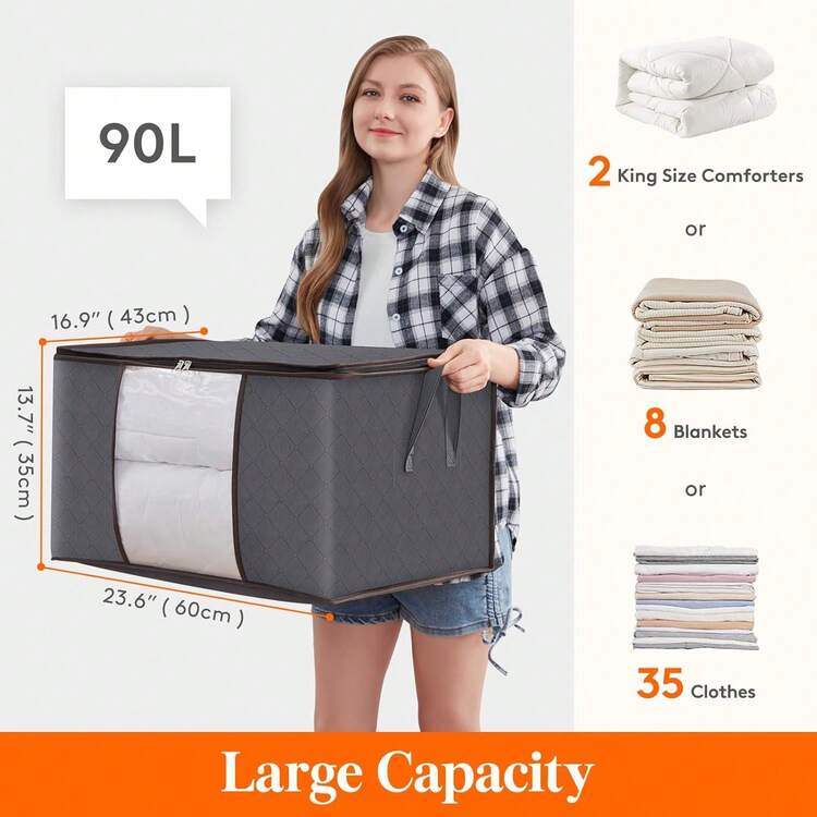 90L Storage Bags, 6 Pack Large Capacity Clothes Storage Boxes With Lid And Zips, Foldable Clothes Packing Boxes With Reinforced Handle Breathable Thick Fabric For Comforters, Blankets, Bedding - Grey - View 11