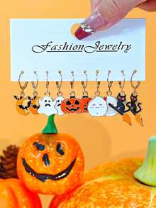 10件/40件新款欧美跨境万圣节系列耳环，可爱恐怖风格金属珐琅南瓜、鬼、蝙蝠、蜘蛛吊坠耳环套装女