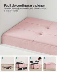 Puff Almacenaje, Baúl de Almacenaje Plegable, 38 x 76 x 38 cm, Taburete Reposapiés, Banco de Cubo, Soporta hasta 300 kg, para Sala de Estar, Dormitorio, Entrada, Rosa Jalea - Rosa - Ver 5