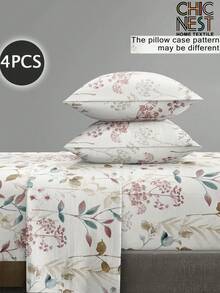 Set de 4 cearșafuri cu model de frunze de flori din grădină botanică, 1 cearșaf cu elastic, 1 cearșaf plat și 2 fețe de pernă, set de saltea cu protecție (fără miez de pernă), set de cearșafuri de lux, dimensiune King Queen, dimensiune Full TWIN, cearșaf cu buzunar adânc, față de pernă de până la 29,8 cm, moale, respirabil, fără șifon, mai bun pentru somn, stil hotelier de lux, cadou pentru mama, tata, prietenul, lenjerie de pat pentru școală, lenjerie de pat pentru școală, set de lenjerie de pat pentru școală. - Multicolor - Vizualizare 1