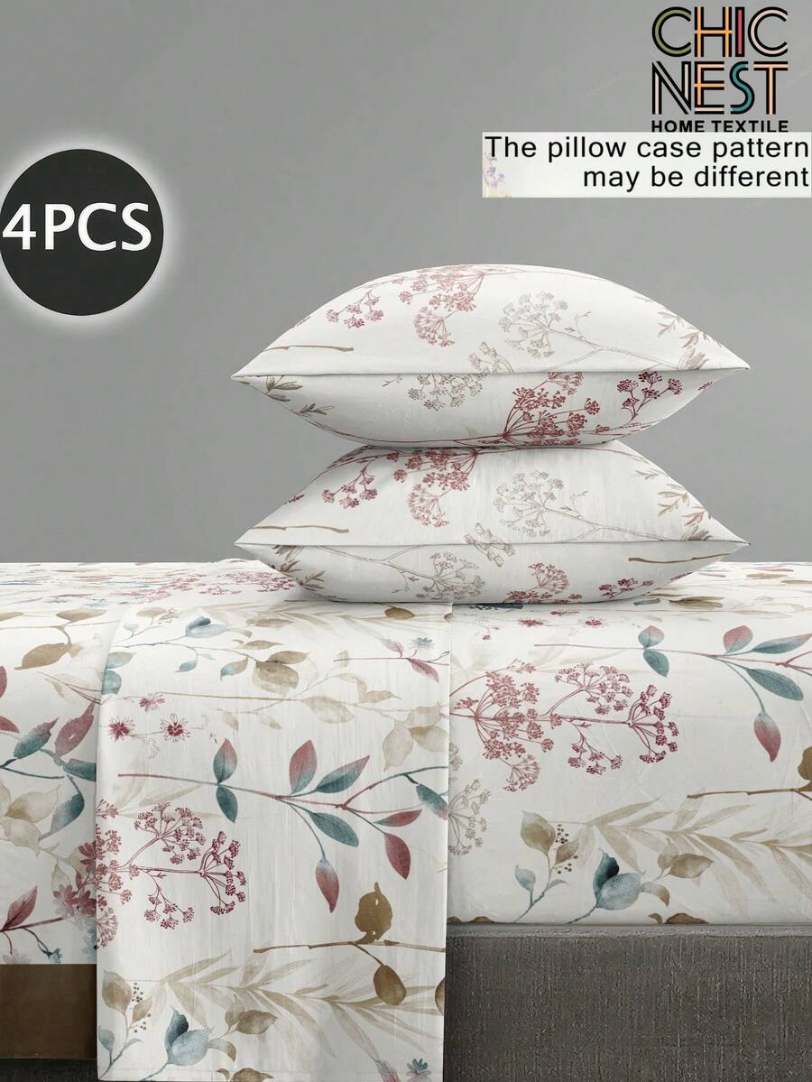 Set de 4 cearșafuri cu model de frunze de flori din grădină botanică, 1 cearșaf cu elastic, 1 cearșaf plat și 2 fețe de pernă, set de saltea cu protecție (fără miez de pernă), set de cearșafuri de lux, dimensiune King Queen, dimensiune Full TWIN, cearșaf cu buzunar adânc, față de pernă de până la 29,8 cm, moale, respirabil, fără șifon, mai bun pentru somn, stil hotelier de lux, cadou pentru mama, tata, prietenul, lenjerie de pat pentru școală, lenjerie de pat pentru școală, set de lenjerie de pat pentru școală. - Multicolor - Vizualizare 1