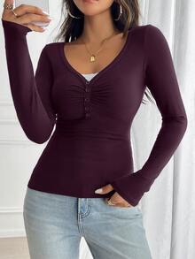 Áo thun nữ GAOVOT, phong cách Y2K mùa xuân/hè, thường ngày, gợi cảm, màu trơn, phối ren, tay dài, cổ chữ V, phù hợp cho việc đi làm. - Màu tím - Xem 6