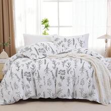 Duvet Cover King Size, Reversible Floral Lavender Duvet Cover Set With Zipper Closure, 3 Pieces Botanical Patterns Soft Microfiber Bedding Set (90"X104", 2 Pillow Cases 20"*36") - 01 - 白葉(無被子) - 查看 10