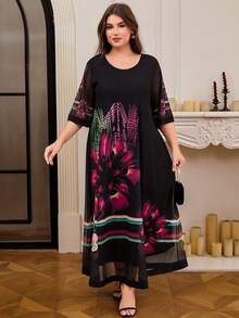 DEARCASE Plus Size Elegant Floral Print Dress Vacation Black Summer - Black - View 4