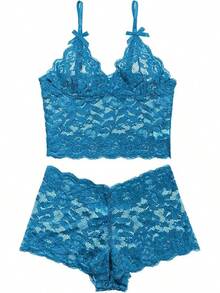 Floral Lace Lingerie Set High Waist Sleepwear Bra And Panty 2 Piece Nightwear 2025 Back-To-School Season Fall Pjs - Turquoise - 查看 4