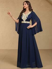 MIUSOL Đầm maxi dài tay bằng chiffon, ren hoa thanh lịch, viền xếp nếp, thích hợp cho các bữa tiệc trang trọng, mang phong cách Ả Rập duyên dáng. - Màu xanh hải quân - Xem 7