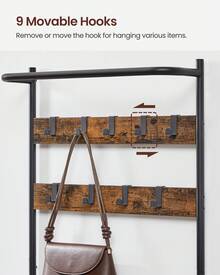 Meuble d Entrée, Porte-manteaux, avec Banc et Étagère à Chaussures, 9 Crochets Amovibles, Tringle, 32,2 x 84 x 180 cm, pour Entrée, Chambre, Style Industriel, Marron Rustique et Noir - Marron + Noir - Voir 8