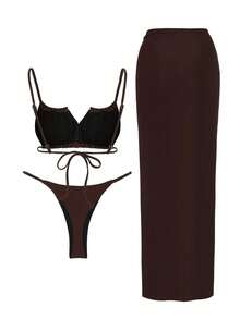 海星 3 件套比基尼套装可爱荷叶边泳衣高开叉沙滩裙 2025 新款泳衣罩衫长裙度假装 - 巧克力 - 查看 5