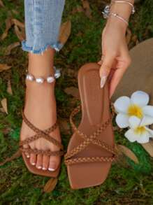 Women's Summer New Flat Sandals, Fashion Woven Square Toe Slip-On Comfortable Ladies Flat Slippers, Simple Versatile Beach Sandals