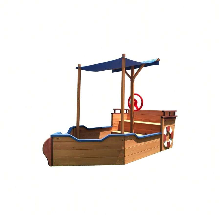 Kids Sandbox,Wooden Play Boat Sandbox With Storage Bench, Seat, Ground Liner, Sandpit Boat W/Rudder, Buoy, Realistic Flag, Children Outdoor Furniture For Backyard, Lawn, Garden - 卡其色 - 查看 1