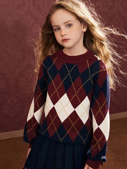 Girls' Casual Comfortable Round Neck Houndstooth Patterned Long Sleeve Sweater, British Style Ugly Sweater For Back To School, Christmas