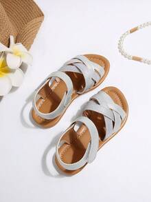 1 Pair Infant/Toddler Girls' Sparkly Cross Strap Peep Toe Hook And Loop Soft Sole PU Fashion Cute Luxurious Non-Slip Children Sandals, Suitable For 3-15 Years Old Boys Girls, Indoor Outdoor Beach Party Campus Wear, Spring Summer 2025 New Arrival - Silver - View 5