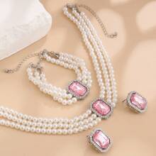 4pcs Set Elegant & Fashionable Multi-Layer Faux Pearl Beaded & Gemstone Inlaid Necklace, Earrings & Bracelet Jewelry Set, Suitable For Women's Daily Wear, Wedding, Party, Holiday & Anniversary Gift