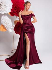 ADYCE Đầm dạ hội khoét vai, đầm maxi dài xòe rộng, eo cao, hở lưng, cổ yếm, đính đá lấp lánh, thắt lưng buộc eo, thích hợp cho các buổi tiệc, dạ hội và các dịp lễ kỷ niệm. - Màu Đỏ Sâu - Xem 6