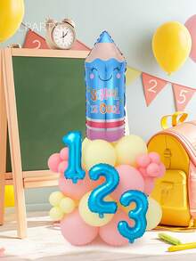 28pcs/Set Back To School Theme Decoration Balloons - Back To School Party Decor Set, Pencil Balloons (Pink/Green/Blue), 16" "123" Slogan Banner Balloons (Silver/Blue/Magenta), 10"/5" Latex Balloons (Light Pink/Light Yellow) - Multicolor - View 3
