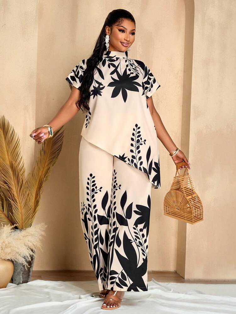 BIUBIU Plus Size Women 2 Pieces Outfit - Loose Top & Straight Leg Pants Elegant Summer - Apricot Black Flower - View 6