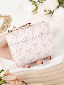 粉色蝴蝶结爱心图案多功能零钱包，时尚勃艮第钱包，女士短款钱包，两折设计，多卡位，银行卡收纳，信用卡收纳，零钱包，拉链开合，照片窗口，优质皮革，是送给女朋友、母亲、老师、情人节、日常使用、旅行必需品、办公室、购物的理想旅行包和礼品袋，女士必备钱包和卡夹 - 粉色 - 查看 12