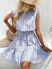 Summer Linen-Feel Blue & White Striped Bowknot Sleeveless A-Line Mini Casual Dress For Women