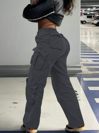 GILIPUR New Dark Gray Casual Elegant Cargo Pants For Women, Stretchy Multi-Pocket Design, Y2K Style Solid Color Loose Pants, Street Style For Autumn, Retro Fashion, Suitable For Spring, Summer, Autumn, Winter, Ideal For Formal Events, Casual Dinners And Concerts