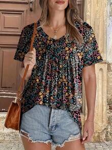 大码女式时尚碎花褶皱V领短袖休闲T恤 夏季度假 - 彩色 - 查看 3