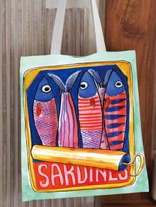 1pc Sardine Printed Tote Bag, Durable Canvas Storage Bag, Double Sided Pattern Shopping Bag, Gift For Friends, Back To School - Multicolor - View 5