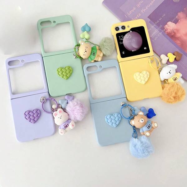 keshengtai 1pc Candy Color Heart Phone Case And 1pc Cartoon Pendant Compatible With Samsung Galaxy Z 6 5 4 3 5G