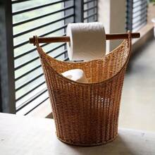 1pc Vintage Style Handwoven Plastic Storage Basket, With Wooden Handle, Multipurpose Open Top Organizer Box, Suitable For Bathroom And Home Decor, Shelf Basket Back To School