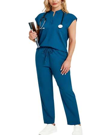 cimmuovere 加大码立领无袖宽松上衣和实用多口袋长裤套装，医护人员手术服套装