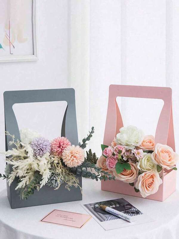 2/5pcs Portable Waterproof Kraft Paper Solid Color Flower Baskets, Wedding Flower Baskets Mother's Day, Father's Day, Valentine's Day Bouquet Flower Packing Box Handbag, DIY Waterproof Minimalist Handle Paper Box Flower Baskets Floral Packaging Supplies