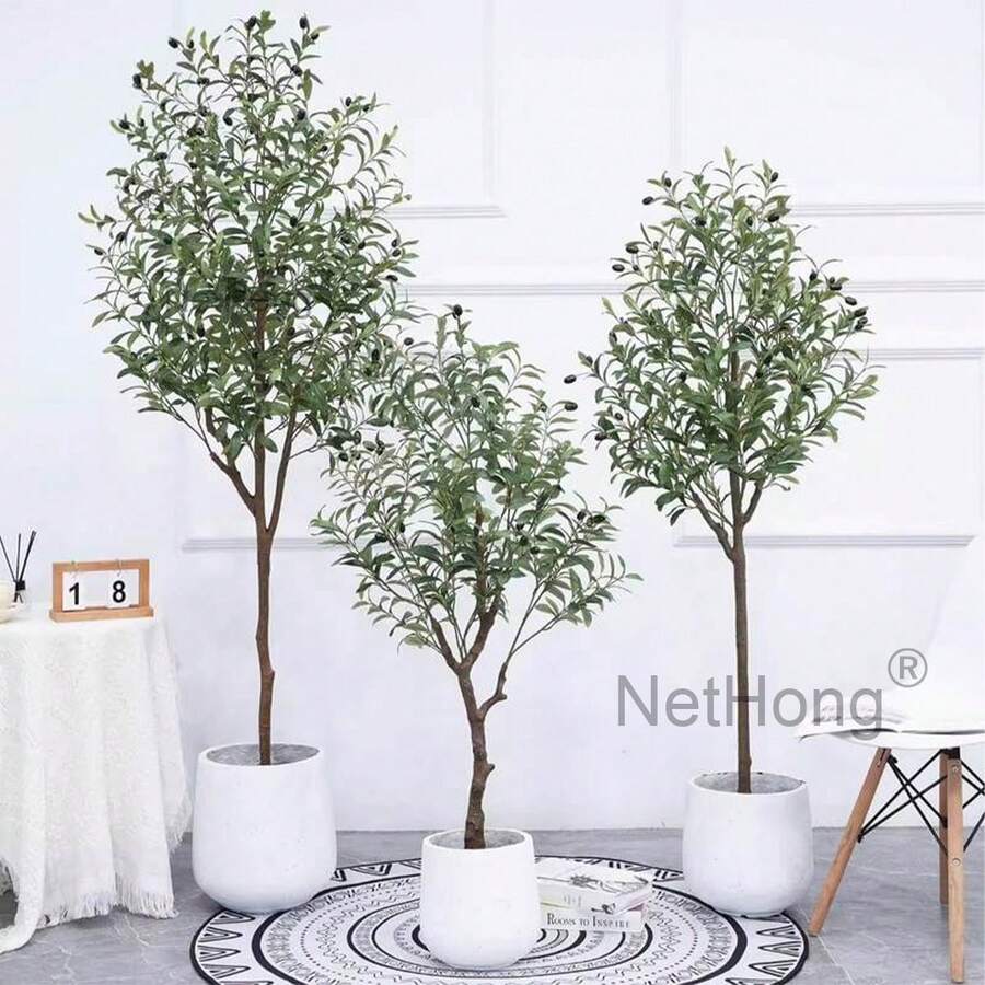 NetHong Lifelike Artificial Olive Tree With Berries – Available In 3 Sizes (50cm, 60cm, 90cm) – Realistic Indoor Greenery In Black Pot