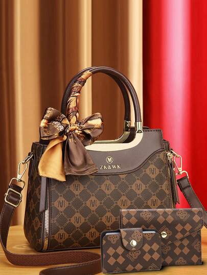 Elegante conjunto de 3 bolsos de moda para mujer - Bolso de mano con estampado geométrico, bolso de hombro y cartera de embrague de piel sintética