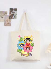 THE POWERPUFF GIRLS Cartoon Superhero Policewoman Minimalist & Stylish Canvas Shoulder Tote Bag, Casual Large Capacity Daily Work Commute Foldable Shopping Handbag