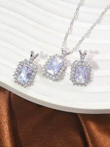 1 Set Square Shaped Zirconia Decorated Copper Earrings And Necklace Suit, Suitable For All Year Round, Adding Luxurious And Refined Touch To Every Seasonal Look, Showcasing Personalized And Fashion