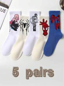 5 Pairs Unisex Mixed Colors Creative Pattern Mid-Calf Socks, Suitable For Daily Wear, Great Gift For Family And Friends