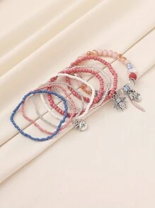8 Stücke/Set Boho Marienkäfer, Bienen, Blatt, Insekten Perlen Armreifen, geeignet für Frauen im täglichen Bohème-Stil, Strandurlaubs-Style