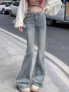 女式休闲洗水喇叭牛仔裤