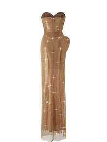 New Sequined Strapless Elegant Side-Slit Women Evening Dress