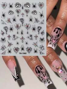 FULL BEAUTY 2 piezas Pegatinas de uñas de Halloween con diseño de rosa de telaraña láser oscura con cruz, diseños deslizantes con brillos de araña gótica Y2K, decoraciones de uñas con dibujos animados lindos