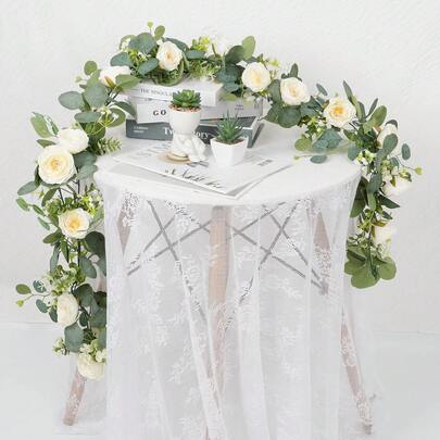 1/2 Pcs Mis Aman, 69 Inch/5.74 Ft Artificial Eucalyptus Wreath With White Roses, Fake Rose Green Wreath Floral Garland, Suitable For Easter, Mother's Day Decor, Room Decor, Wedding Decor Party, Table Runner Decor, Ground Curtain Decor, Scene Decor, Home Decor (White)
